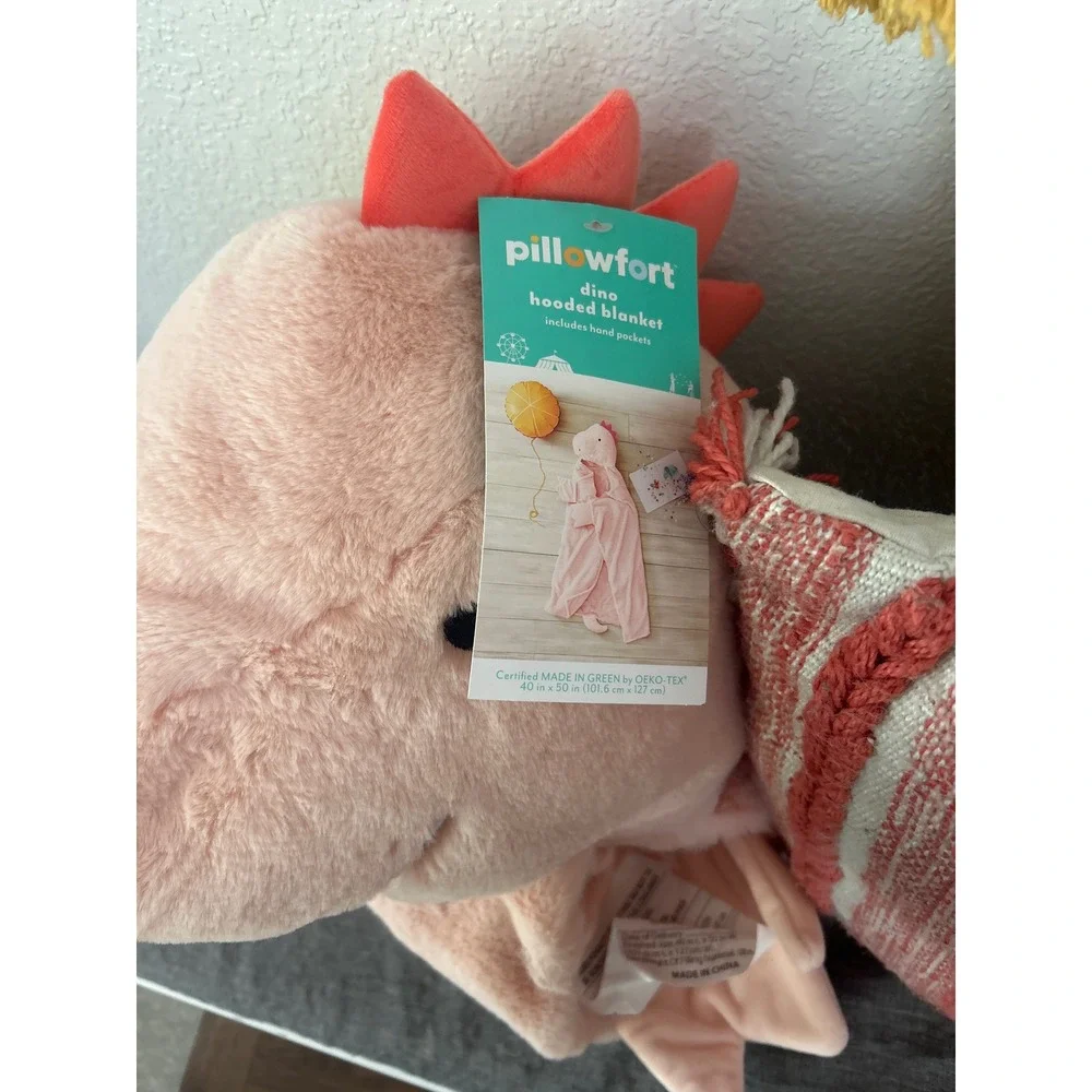 Pillowfort Dino Hooded Blanket Pink Dinosaur Plush Wearable Throw Kids 40x50 NEW